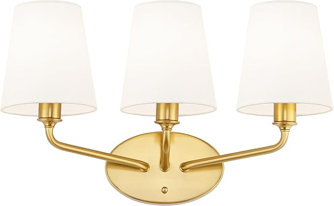 Emak 3-Light Vanity Light, Brushed Gold Bathroom Light fixtures with Flared White Fabric Shade, Modern Bathroom sconces for Mirror, Hallway, Bedroom, VL132-BGD-WF-3