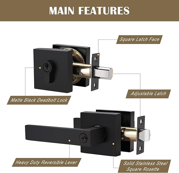 3 Pack Keyed Entry Door Lever and Single Cylinder Deadbolt Set, Keyed Alike Reversible Lockset, Matte Black Square Interior/Exterior Handleset for Bedroom, Front Door