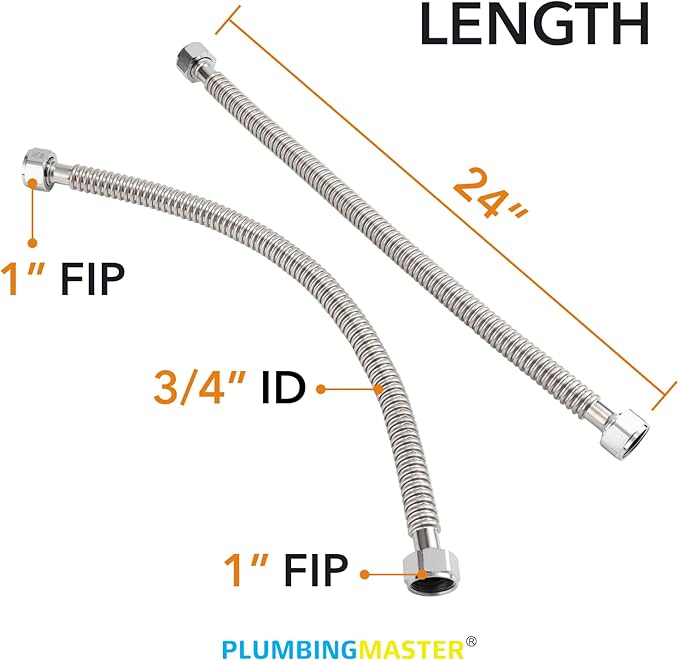 Stainless Steel Corrugated Water Heater Connector, 24-Inch, 1” FIP* 1” FIP hot and cold Corrugated Water flexible hose, Leak-Proof, 10-Year Warranty, 2-pack