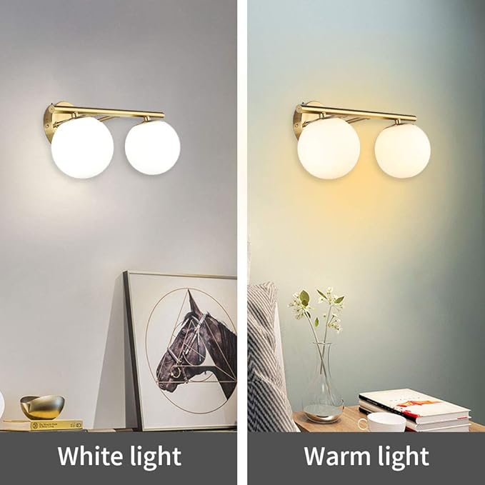 New Bathroom Vanity Light Fixtures 2 Lights Brushed Brass Milk White Globe Glass Shade Modern Wall Bar Sconce Over Mirror (Exclude Bulb
