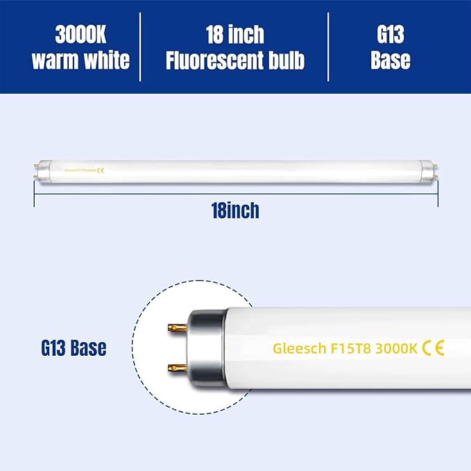 15W 18" T8 Fluorescent Linear Tube Bulb F15T8/WW Warm White Light 3000K Medium Bi-Pin G13 Base 6 Pack