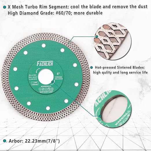 Diamond Porcelain Saw Blade, 5"/125MM Super Thin Dry Wet Cutting Disc with X Teeth Turbo Mesh Rim,for Ceramic Tile Porcelain Granite Marbles
