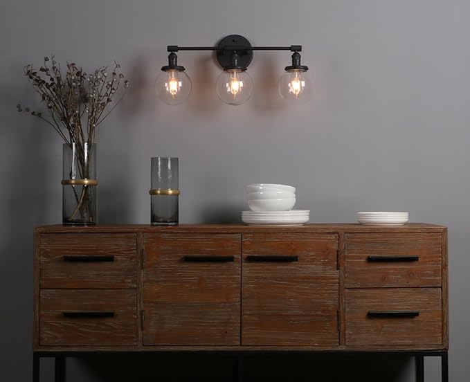 Phansthy 3-Light Wall Sconces Antique Brass Vanity Light, Industrial Wall Lamps with On Off Switch and Clear Glass Lampshade, Vintage Wall Lighting for Bathroom Living Room (Black, Globe Shade)