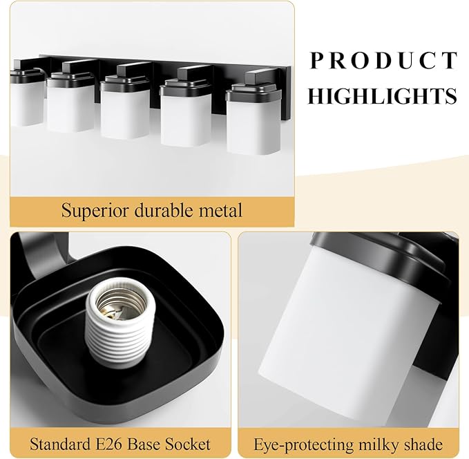 5-Light Black Bathroom Light Fixtures, E26 Base Vanity Lights for Bathroom Mirror Lamp with Milky White Square Glass Shade, Modern Wall Sconce Light Kitchen Light Fixtures Led Vanity