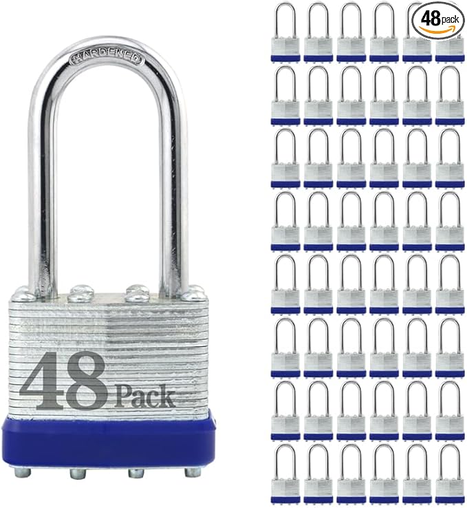 ZonRo Locks Laminated Steel Keyed Padlock, Keyed Alike Locks,1-9/16"(40mm) Wide Body,Long Shackle Padlock, Blue Plastic Hoop, Pack of 48