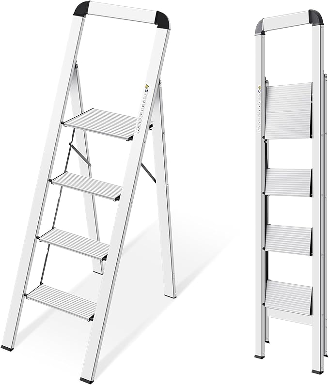 KINGRACK Aluminium 4 Step Ladder, Lightweight Step Stool with Non-Slip Pedals, Handrail, Foldable Step Ladder for Kitchen, Garage, Home, Space Saving, Sturdy and Portable, Silver