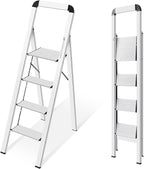 KINGRACK Aluminium 4 Step Ladder, Lightweight Step Stool with Non-Slip Pedals, Handrail, Foldable Step Ladder for Kitchen, Garage, Home, Space Saving, Sturdy and Portable, Silver
