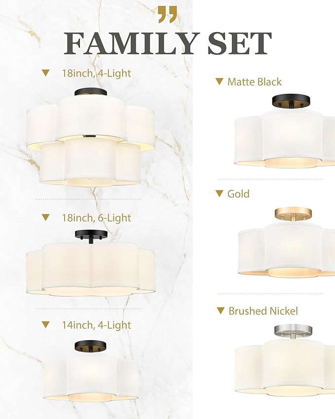 Black Semi Flush Mount Ceiling Lights, 5-Light 18" Ceiling Light Fixtures with Double Fabric Shade in Quatrefoil Shape, Drum Light for Nursery Bedroom, AD-22007-5SF-BK