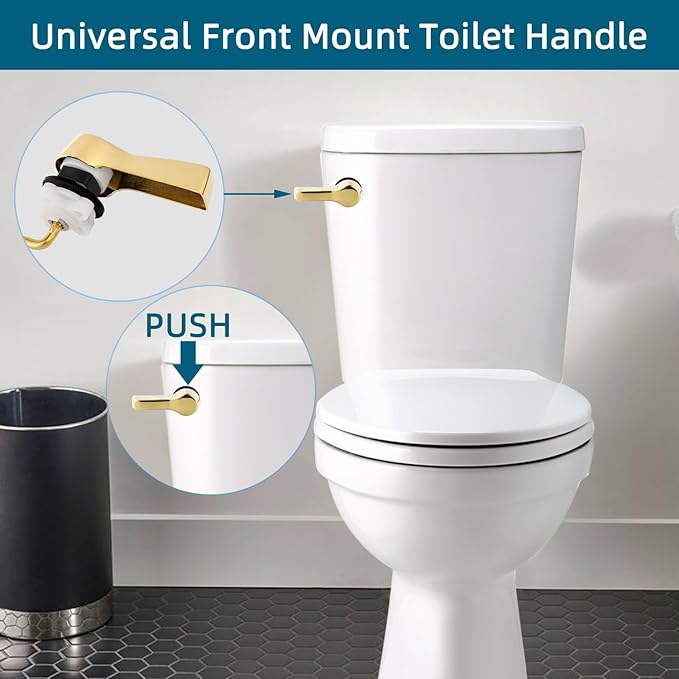 Hygie Rinse Metal Toilet Handle Lever Flush Replacement, Universal Front Mount Toilet Handle with Stainless Steel Flapper Chains, Toilet Repair Kit, Shiny Gold