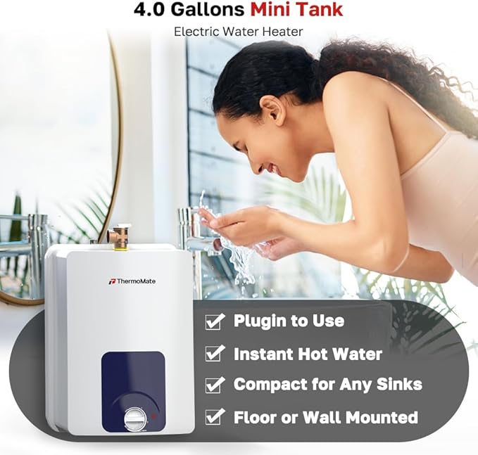 ThermoMate Mini Tank Water Heater Electric UL Listed, ES400B 4 Gallon Point of Use Under Sink Water Heater, 120V Corded Wall or Floor Mounted