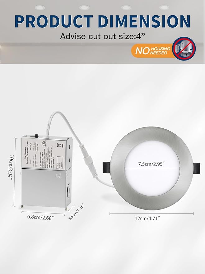 4-inch LED Recessed Lights - Slim Recessed Ceiling Light with Junction Box, 9W 5CCT Canless Lighting Fixture, Dimmable, Easy Install for Bedroom, Kitchen, Living Room, 12 Pack, Brushed Nickel