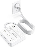 Flat Plug Power Strip Surge Protector, Flat Extension Cord Indoor 20 Feet， HUNIAN 12 Widely Spaced Outlets with 6 USB (2 USB C Ports), Desk Charging Station for Home Office Supplies, White