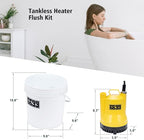 Tankless Water Heater Descaling Flush Kit Includes Submersible Utility Pump with Adapters 3 Gallons Pail with Bucket Lid Opener and Two 3/4" GHT X 6FT PVC Black Hoses Easy Installation to Clean
