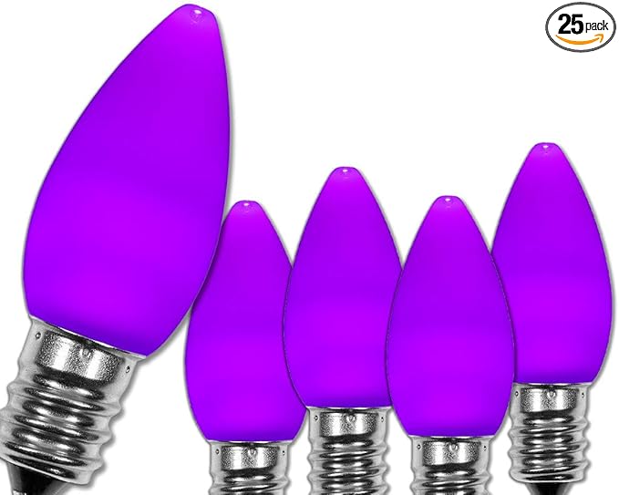 Wintergreen Lighting 25 Pack OptiCore C7 Purple Smooth Finish LED Christmas Light Bulbs, Heavy Duty E12 Base Outdoor Christmas Lights Replacement Light Bulbs