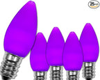 Wintergreen Lighting 25 Pack OptiCore C7 Purple Smooth Finish LED Christmas Light Bulbs, Heavy Duty E12 Base Outdoor Christmas Lights Replacement Light Bulbs