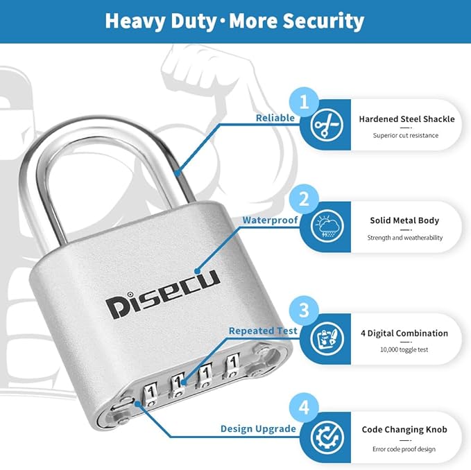 1 Pack disecu Heavy Duty 4 Digit Combination Lock, Anti-Error Feature, Outdoor WaterproofPadlock for School Gym Locker, Fence, Gate, Hasp Storage, Toolbox (Silver)