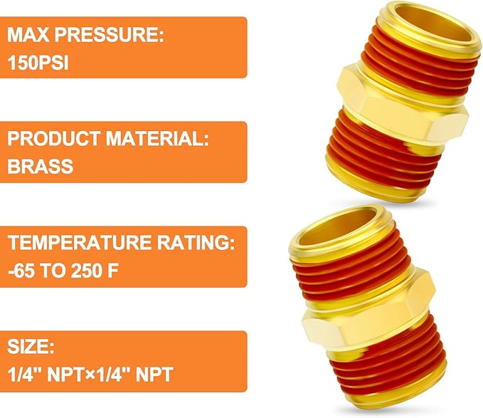 GASHER 10PCS Brass Pipe Fitting, Hex Nipple, 1/4" Male Pipe x 1/4" Male Pipe With Sealant