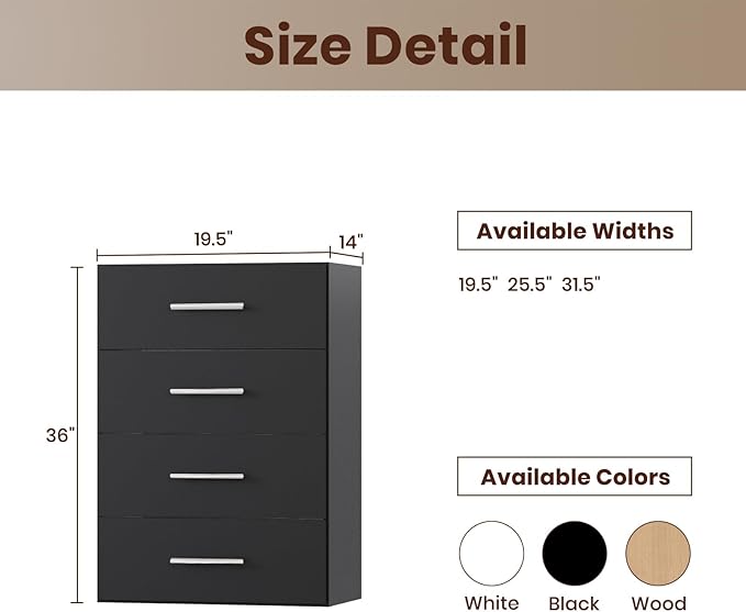 ROOMTEC 19.5" 4 Drawer Short Tower Closet Unit, Modular Closet System with Drawers and Shelf, Wardrobe Organizer for Bedroom or Walk-in Closet, Wall Mounted, Customizable Clothes Storage Unit, Black