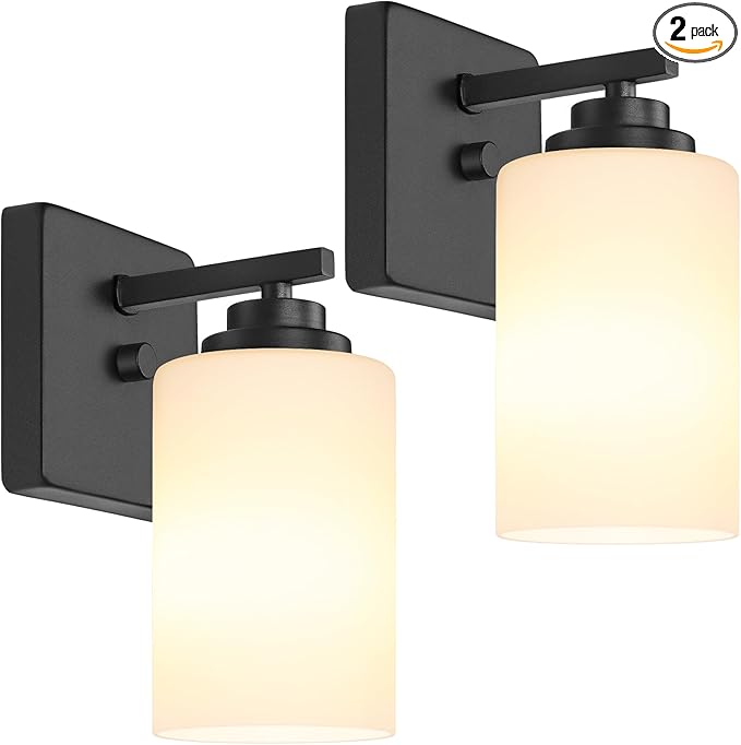 Set of 2 Wall Sconces for Bathroom, Modern Vanity Light Fixtures, Matte Black Wall Mount Lighting Lanterns, Farmhouse Wall Lights with White Glass Shade for Bedroom Living Room Mirror Hallway Kitchen