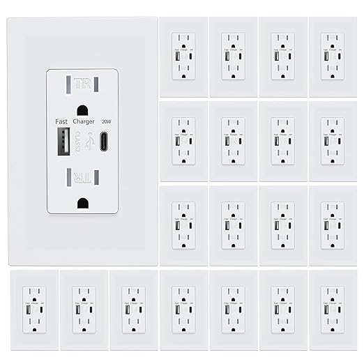 USB Wall Outlet, Charger Outlets Receptacles with 4.2A USB C Ports, 15 Amp Duplex Tamper Resistant Receptacle Plug with USB Electrical Outlet, Wall Plate Included, ETL Listed，White, 20 Pack