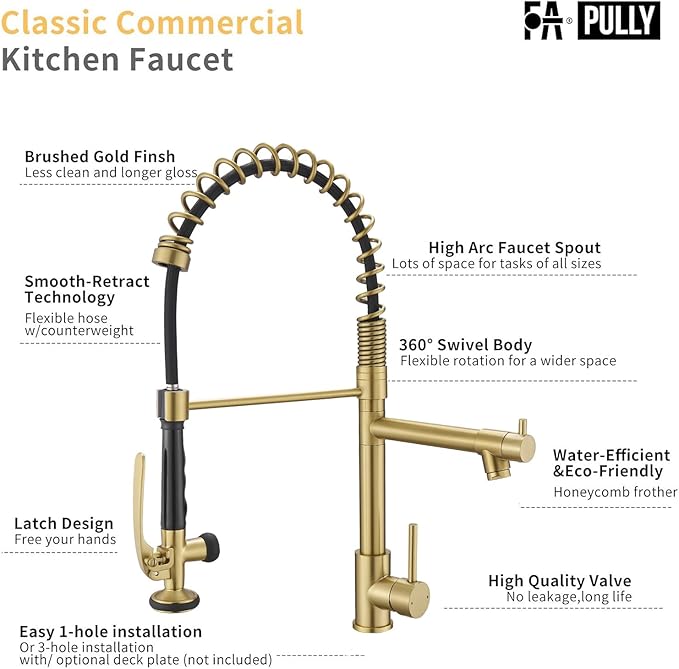 Brushed Gold Kitchen Faucet with Pull Down Sprayer, Commercial Brass Kitchen Faucet Single Handle Spring Faucets for Kitchen Sink Fapully