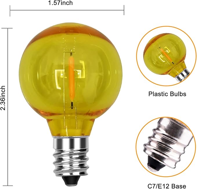 25 Pack G40 Multicolor Clear LED Light Bulbs, G40 Globe Christmas Replacement Bulbs for Outdoor Patio String Lights, 0.6W ShatterProof Energy Saving Light Bulbs, E12/C7 Candelabra Base
