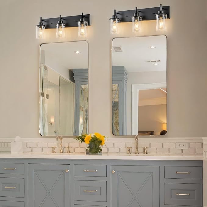 GoYeel Vanity Lighting Fixtures, Matte Black Bathroom Light Fixtures 3-Light Black Wall Sconce with Clear Glass Lampshade for Bedroom Hallway Living Room Kitchen