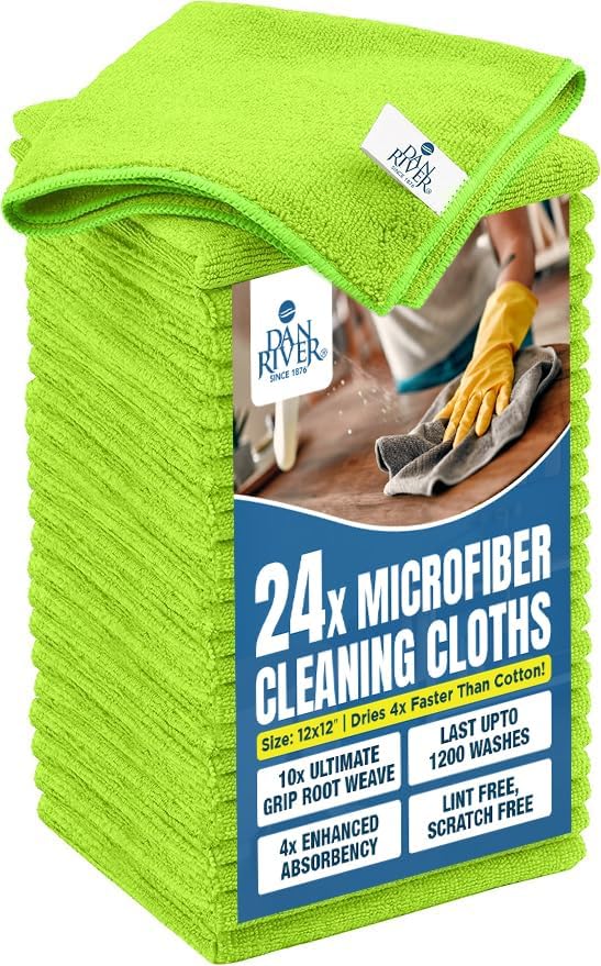 DAN RIVER 24-Pack Green Microfiber Towels – Ultra Absorbent, Lint-Free & Streak-Free Cleaning Cloths for Home, Car & Kitchen - Must-Have Cleaning Essentials - 12" x 12"