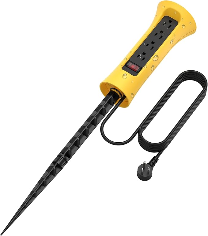 CCCEI Outdoor Power Strip Weatherproof with Stake, Waterproof Extension Cord with Multiple Outlets, Christmas Exterior Garden Decor, Yard, Camping, 4 Plugs, Surge Protector 25FT, Yellow.