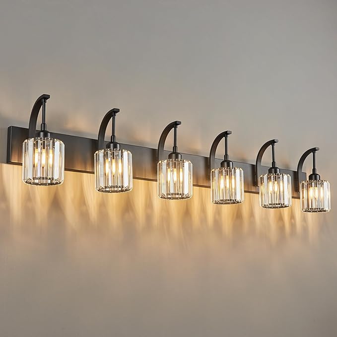 6-Light Crystal Vanity Light, Black Modern Wall Sconce with K9 Crystal Shades, 51.18" Long Over Mirror Lighting for Bathroom, Makeup, Hallway, Elegant & Easy Install
