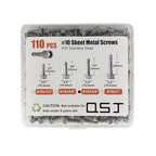 QSJ 110PCS #10 x 3/4'' Sheet Metal Screws 410 Stainless Steel Hex Washer Head Fast Self Tapping Screws with Screwdriver Bit Silver