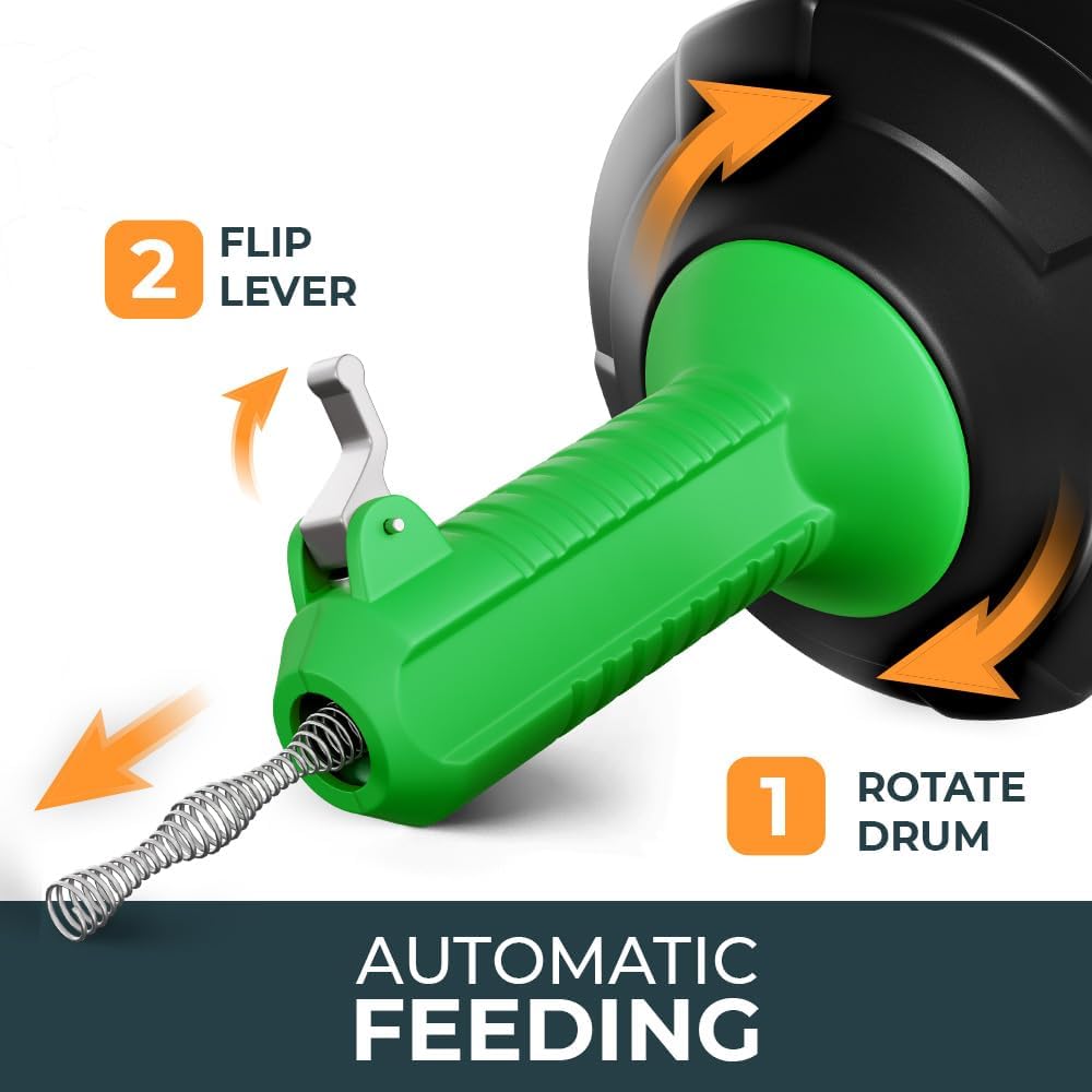 drain snake [25 FT] - Auto Feed - Ideal plumbing snake for sink and drain unblocking - Solid drain auger for real DYIs!