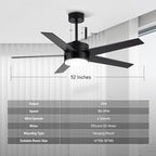 52 Inch Modern Ceiling Fan with Light, 5 Blades, Remote Control, Reversible DC Motor, Stepless Dimmable, Noiseless for Indoor and Use, Black