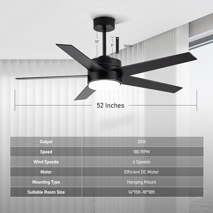 52 Inch Modern Ceiling Fan with Light, 5 Blades, Remote Control, Reversible DC Motor, Stepless Dimmable, Noiseless for Indoor and Use, Black