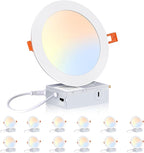CLOUDY BAY 12 Pack 6 Inch 5CCT Ultra-Thin LED Recessed Ceiling Light with Junction Box,2700K/3000K/3500K/4000K/5000K Selectable,15W Dimmable, Canless Wafer Downlight, White,1000LM High Brightness