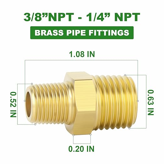TAISHER 15PCS Brass Pipe Fitting, Reducer Adapter, Hex Nipple, 3/8-Inch Male Pipe x 1/4-Inch Male Pipe