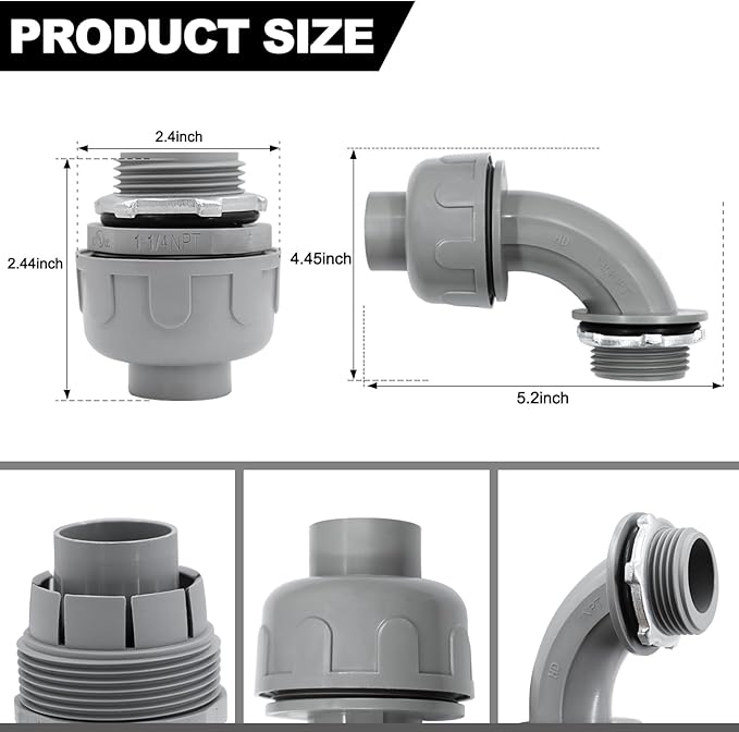 1-1/4 inch Liquid Tight Connector PVC Flexible Conduit Connector, 180 Degree and 90 Degree UL Listed, Non-Metallic Electrical Conduit Fittings 6 Pack(4 pcs 180D/2 pcs 90D)