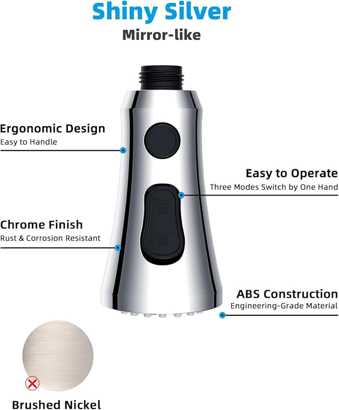 Hibbent Pull Down Kitchen Faucet Head Replacement, 3-Function NSF/ANSI/CAN 61 & CUPC Certified Sink Spray Nozzle, 15 Adapters, Compatible with Moen, Delta, Kohler Faucets, Chrome (Shiny Silver)
