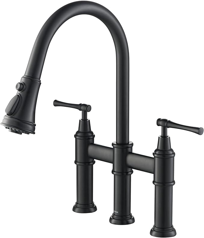 KRAUS Allyn Transitional Bridge Kitchen Faucet with Pull-Down Sprayhead in Matte Black, KPF-3121MB