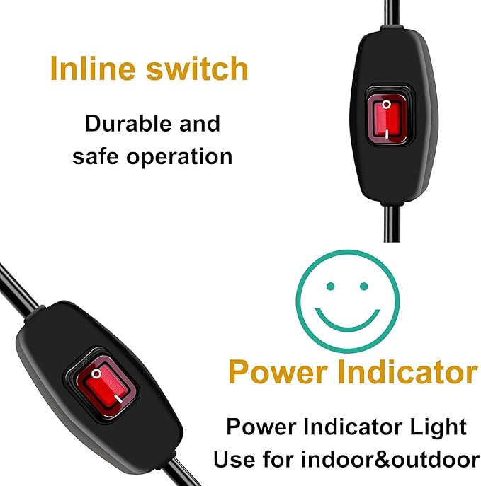 Heavy Duty Indoor/Outdoor Extension Cord Use, 6.56 FT Black Extension Cord with LED Light Switch On/Off, 1250W SJTW 18AWG 10A 125V AC,3 Prong Power Cord, UL Listed