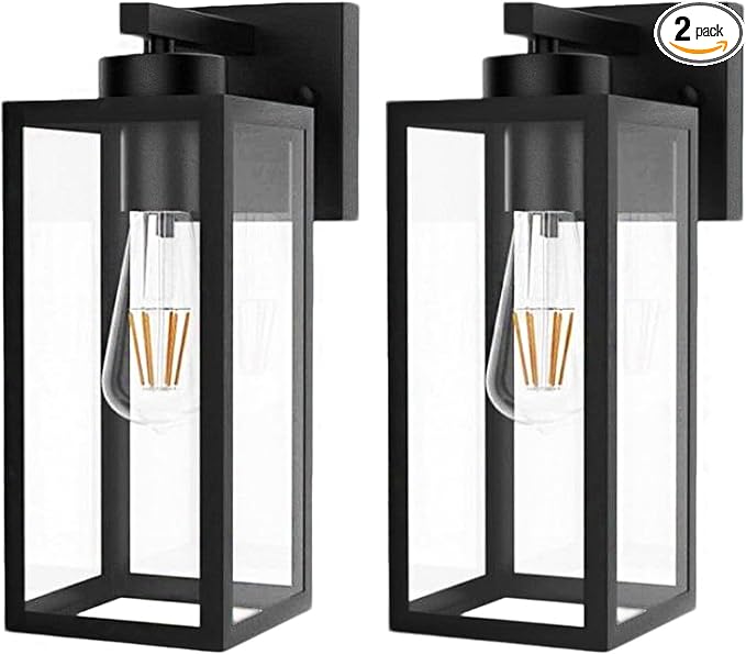 Outdoor Light Fixture, 14IN Matte Black Front Porch Lamps Width Glass Shades, Exterior Waterproof Wall Mount Lantern with E26 Sockets, Outside Lights for House Garage Doorway Patio 2 Pack