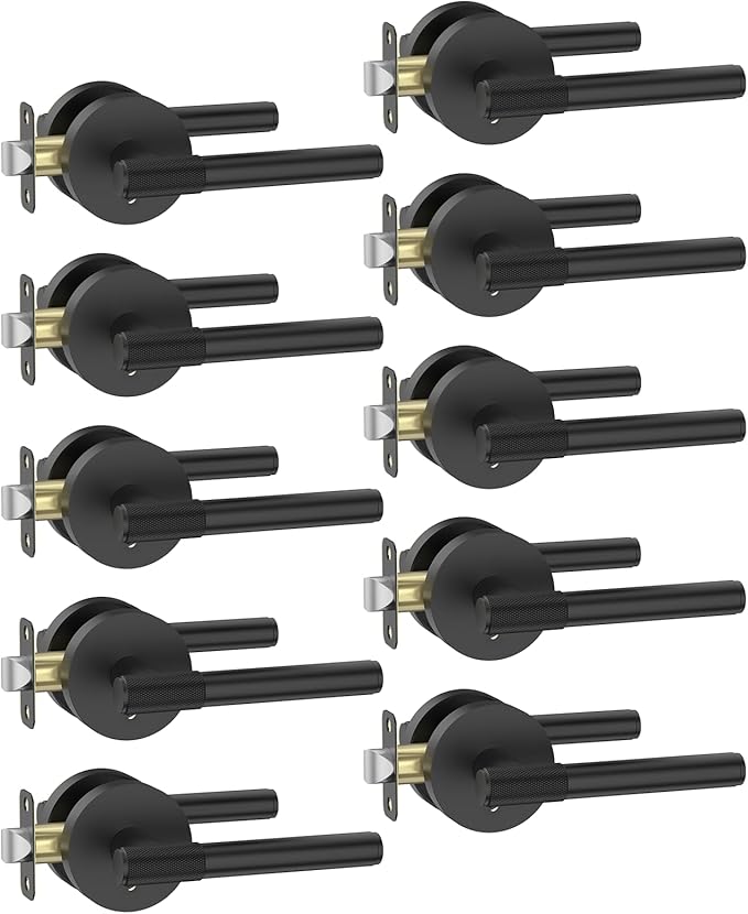 Amerdeco 10 Pack Matte Black Door Handles Interior,Knurled Privacy Door Handles with Lock,Heavy Duty Black Door Lever for Bedroom or Bathroom,Reversible Keyless for Left Right Handed Doors AM0027