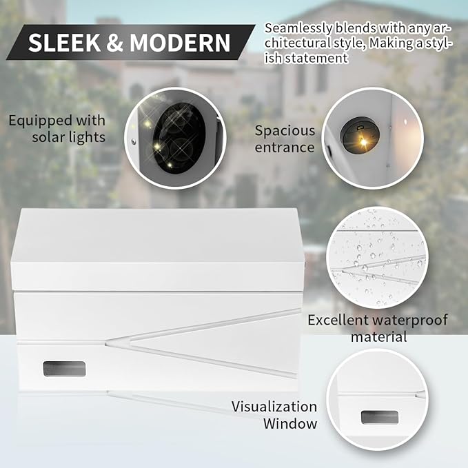 Wall Mount Mailbox, Large Capacity Mailbox for House, Visibility Galvanized Steel Rust-Proof Metal Post Box Drop, Mailboxes for Outside, 15.74"×9.84"×4.33" Solar Lanterns White