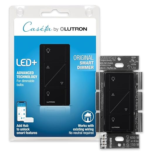 Lutron Caseta Original Smart Dimmer Switch (Lutron Smart Hub Required), for LED Lights, 150 Watt, Single-Pole/3-Way, No Neutral Required, PD-6WCL-BL, Black