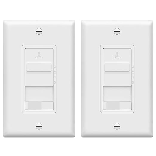 TOPGREENER Kalide Combo Light Switch with 3-Speed Fan Control, Light and Fan Combination Switch, Single Pole, 2.5A, 720W, Neutral Wire Not Required,Wall Plate Included, TGSFS3-W, White, 2 Pack