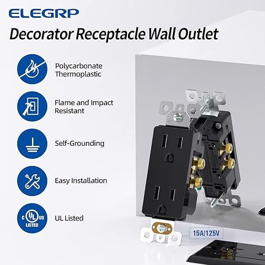 ELEGRP Decorator Receptacle, 15A 125V Standard Electrical Wall Outlet, 2 Pole 3 Wire, No-Tamper Resistant, NEMA 5-15R, Self-Grounding Residential Grade Outlet, UL (Glossy Black, 10 Pack)