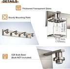 3-Lights Bathroom Wall Light Fixtures E26 Bulb Base, Brushed Nickel Vanity Lighting Fixtures Over Mirror with Clear Glass Shades for Living Room Hallway Kitchen