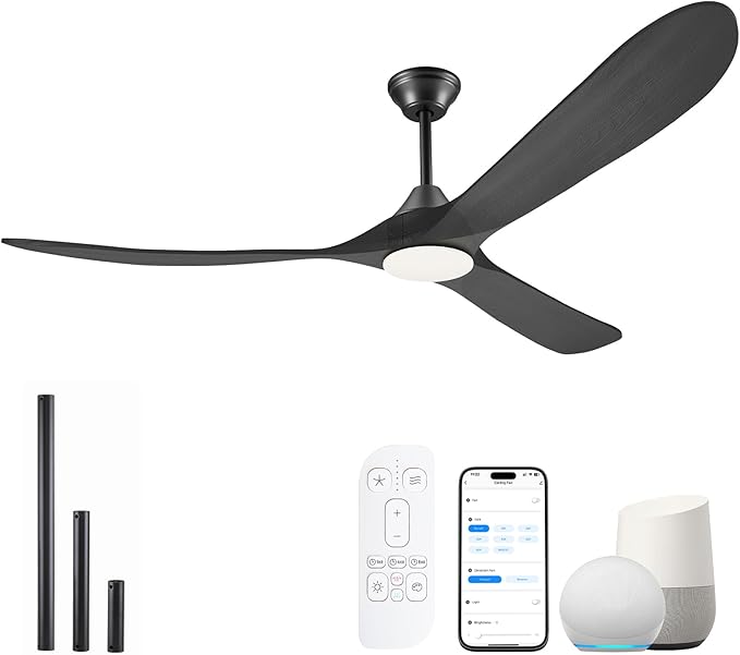 60 Inch Black Outdoor Ceiling Fans with Lights, Smart Ceiling Fan with Remote/APP/Alexa Control, Solid Wood Farmhouse Ceiling Fan for Patios Porch Bedroom, Quiet Reversible DC Motor, Indoor/Exterior