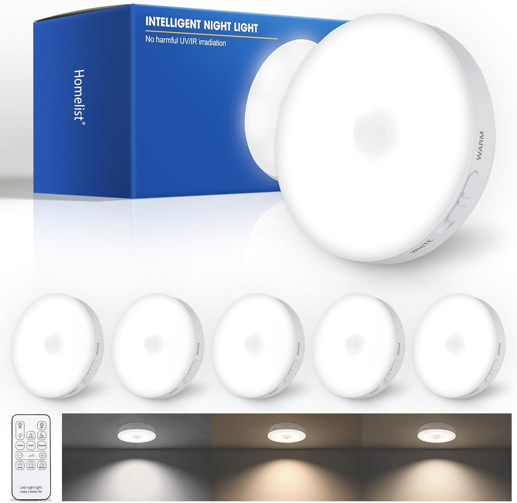 Homelist Upgraded Ultra Bright Motion Sensor Lights Indoor, 6 Pack Rechargeable Puck Light with Remote, 1500mAh Battery Operated Sensor Night Light for Stairs, Cabinet, Bedside, Closet