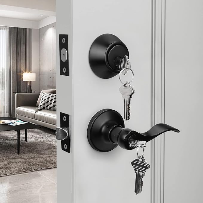 Gobrico 10 Sets Black Entry Levers and Single Cylinder Deadbolt Locksets with Same Key,Keyed Alike Entrance Locks,Drop/Wave Lever Style